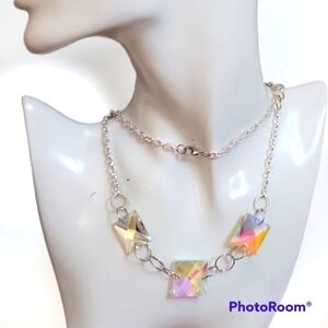Long Silvertone Holographic Glass Prism Necklace